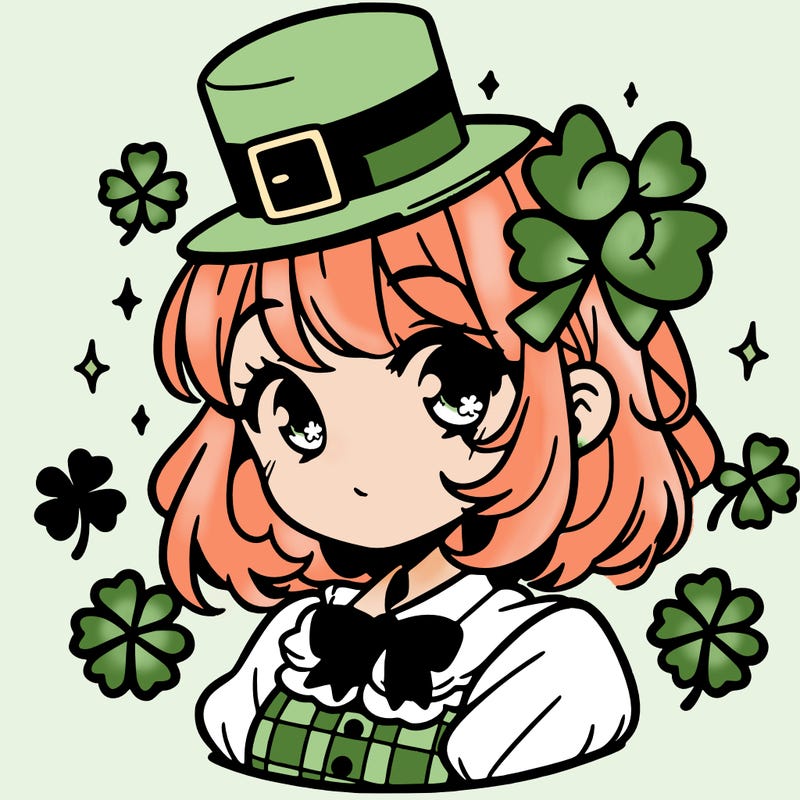 a manga-style girl with clovers around her, a little hat in her hair, like it's saint patrick's day