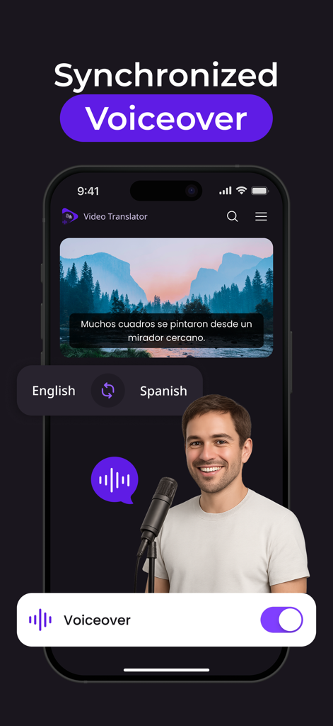 Subtitles Video Translator - Mobile app interface showing synchronized AI voiceover feature for translating video from English to Spanish.