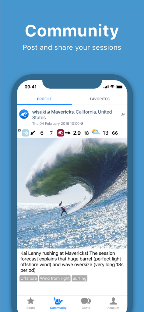 Wisuki - Wind and Waves - Wisuki app community screen displaying a surf session post at Mavericks with wave and wind data