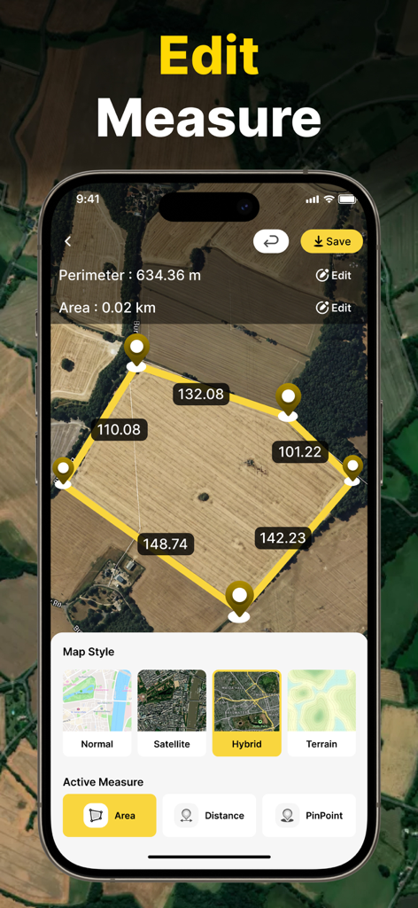 Land Distance Area Calculator - Calculadora de área de terreno GPS mostrando el perímetro del campo y las mediciones de área en un mapa satelital