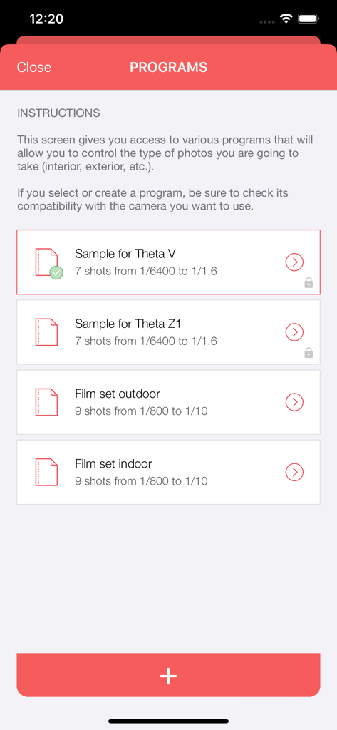 HDRI - Screenshot of the HDRI app programs screen showing exposure bracketing presets for 360 cameras.