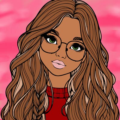 girl with long hair and freckles and glasses realistic
