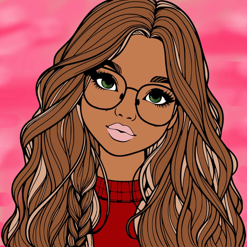 girl with long hair and freckles and glasses realistic