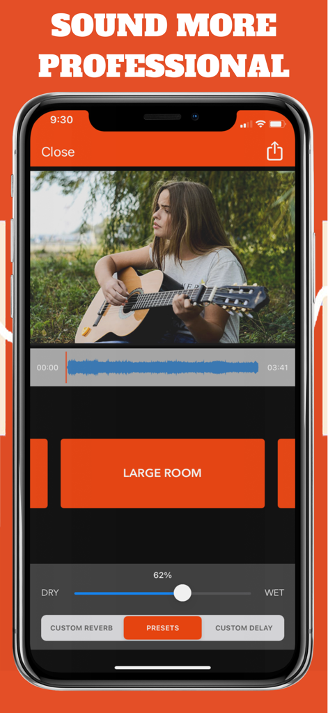 VideoVerb: Add Reverb to Video - VideoVerb app interface for adding reverb to a video of a girl playing guitar