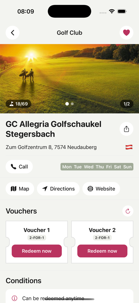 FAIRWAY 2 HOTEL - Página de detalhes do clube de golfe com vouchers 2 por 1 para green fees e informações do campo