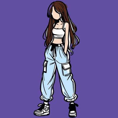 girl in baggy pants crop top and long hair