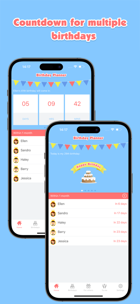 Interface do aplicativo Birthday Planner Pro mostrando cronômetros de contagem regressiva e uma lista de aniversários futuros em telas de iPhone