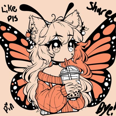 a realistic butterfly/furry girl drinking boba