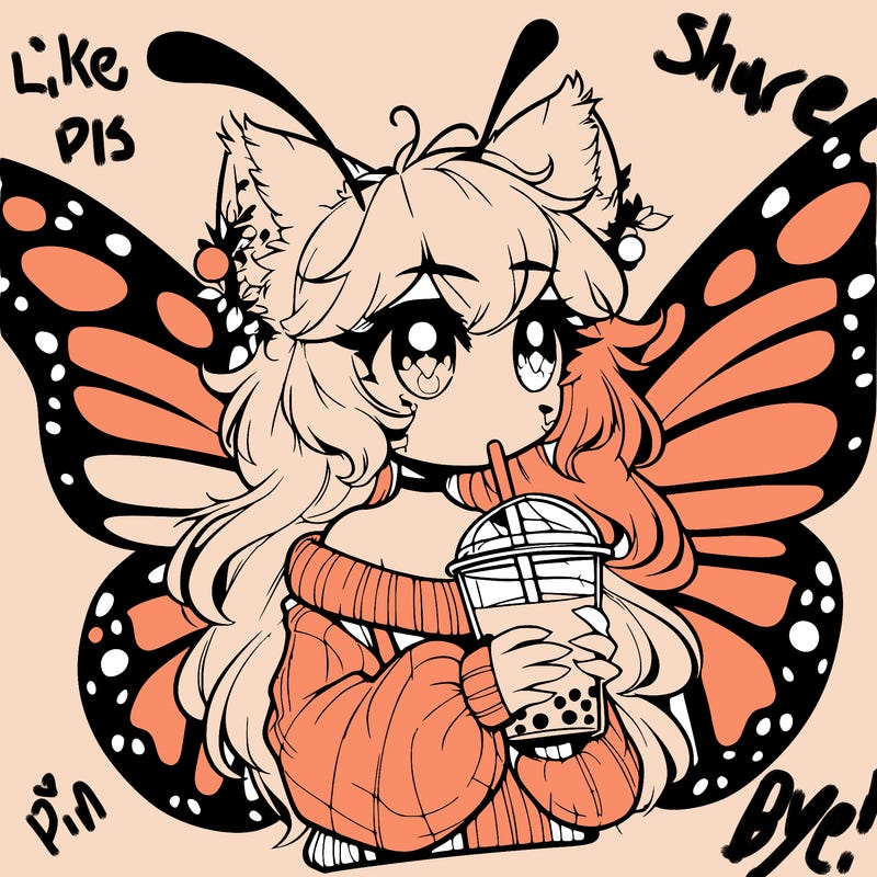 a realistic butterfly/furry girl drinking boba