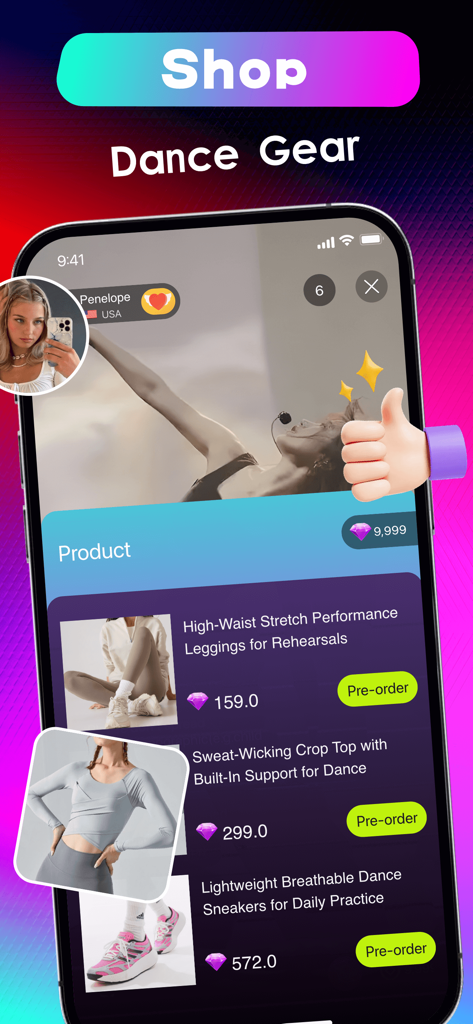 Fanliv: Girl Chat，Fun Show - Interfaz de la tienda de la aplicación Fanliv que muestra productos de ropa de baile como leggings y tops