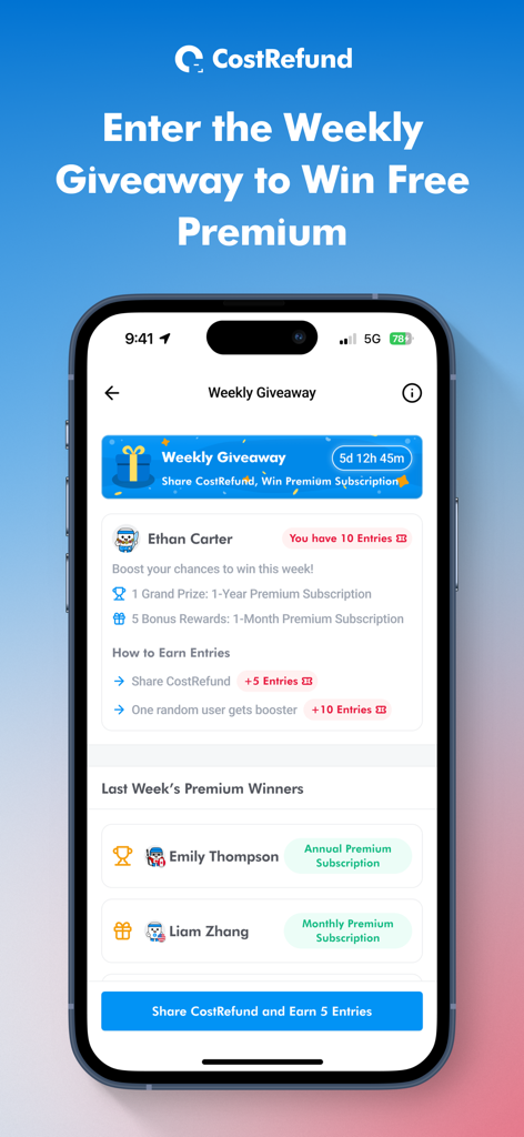 A screen from the CostRefund app showing details of a weekly giveaway to win free premium subscriptions by sharing the app