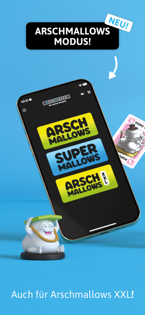 Interfaz de la app DENKRIESEN mostrando los modos de juego Arschmallows en un smartphone con una figura de personaje