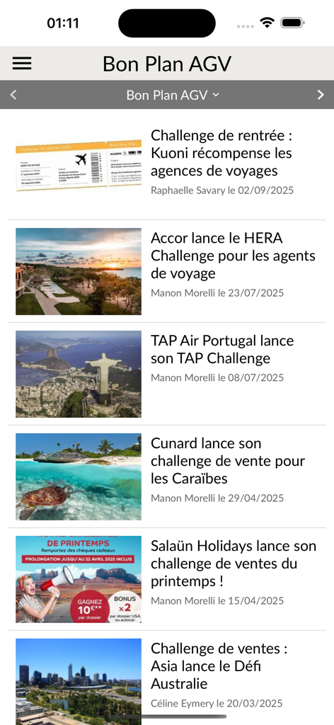 The TourMaG app screen displaying a list of industry news and sales challenges for travel agents.