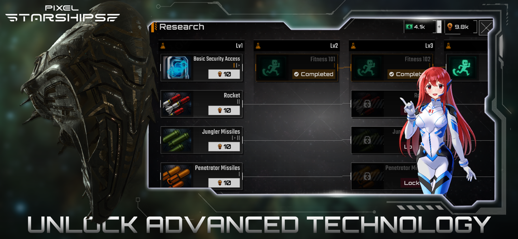 Pixel Starships 2 - Menu de recherche dans Pixel Starships 2 montrant des améliorations de vaisseau déblocables et des technologies de missiles