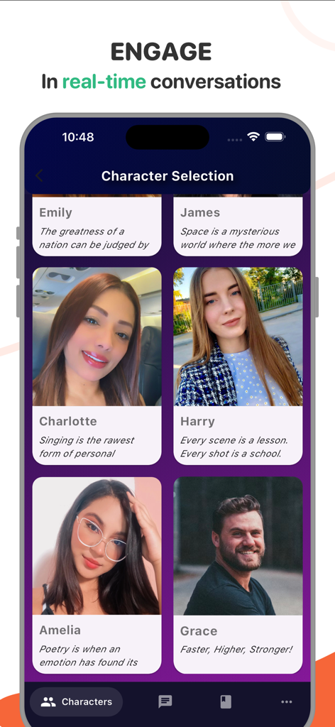 Omi Live app interface showing various virtual AI character profiles for real time chat