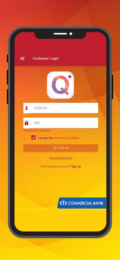 Login screen of ComBank Q Plus Payment App with user ID and PIN fields.