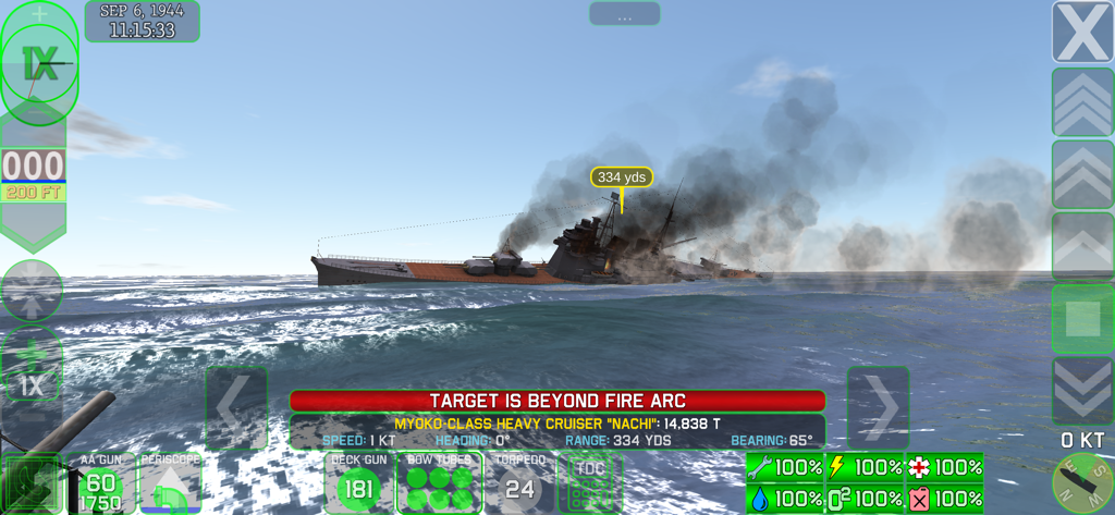 Un crucero pesado clase Myoko en llamas hundiéndose en el océano durante una misión de combate naval en Crash Dive 2.