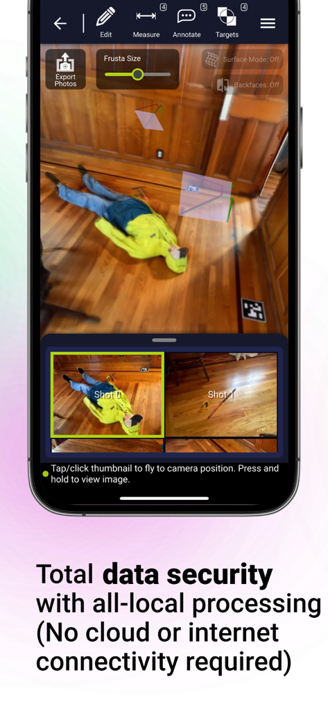 Dot3D - LiDAR 3D Scanning - Interface do aplicativo Dot3D mostrando um escaneamento LiDAR 3D de uma cena forense com processamento local seguro