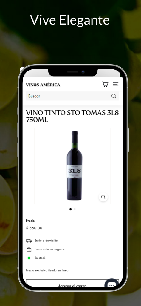 Vinos América Shop - Mobile interface of Vinos America Shop showing a bottle of red wine with price and delivery information