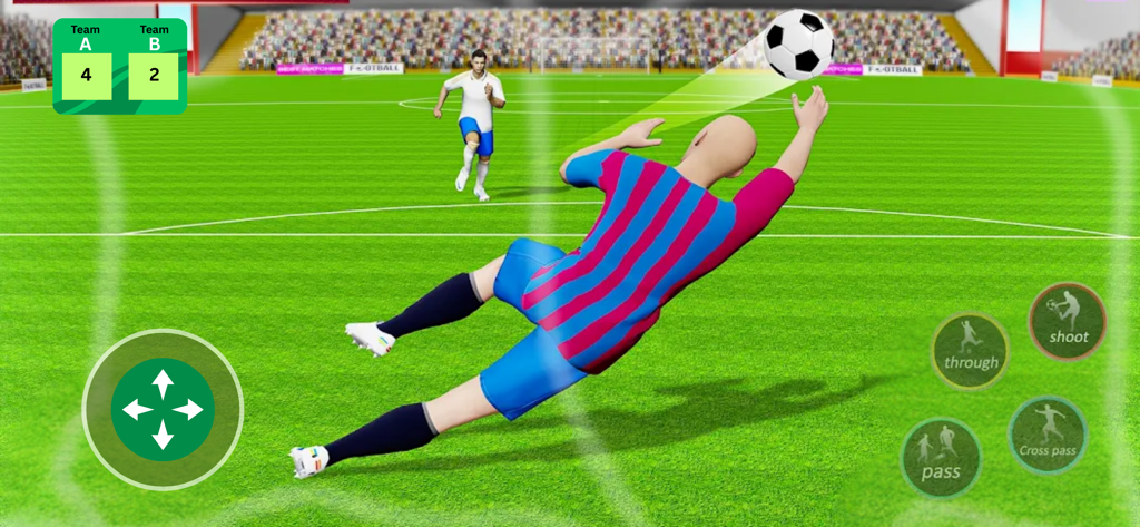 Football Pro Soccer+ - Uma tela de simulação de partida de futebol em 3D com controles de jogabilidade e um placar do aplicativo Football Pro Soccer plus.