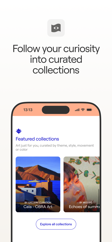 Singulart: Buy Original Art - Pantalla de la app Singulart mostrando colecciones de arte destacadas y curadas en un dispositivo móvil.