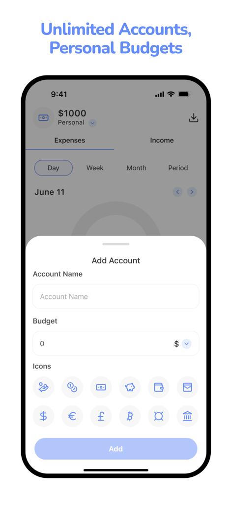 Finance Tracker: Budget Tool - Interface for adding a new budget account with custom name and icons in the Finance Tracker app