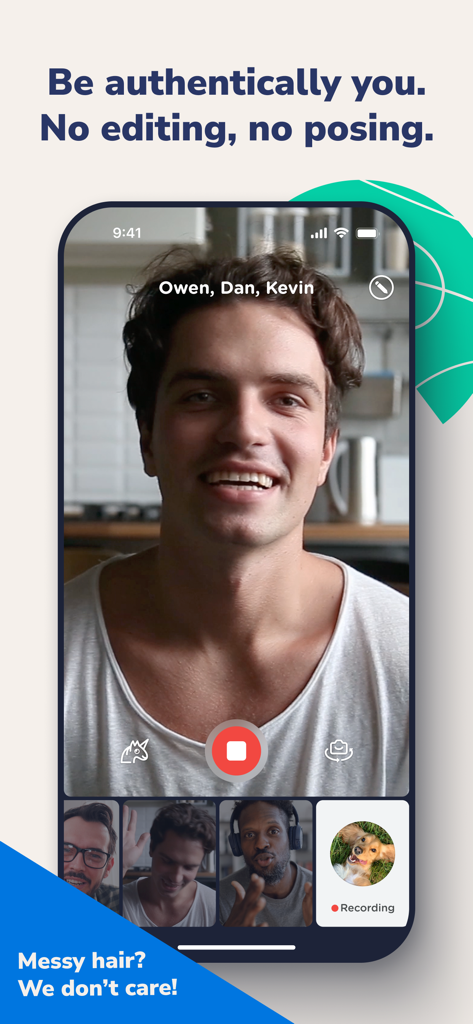 Marco Polo app interface showing a person in a video call with text emphasizing authenticity
