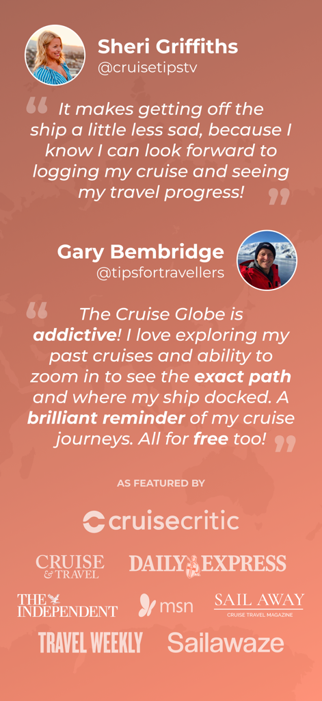 User testimonials and media press logos for The Cruise Globe app