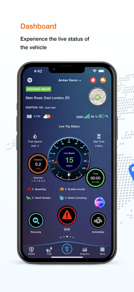 Amber Connect - Amber Connect app dashboard showing real-time vehicle speed location and SOS safety button