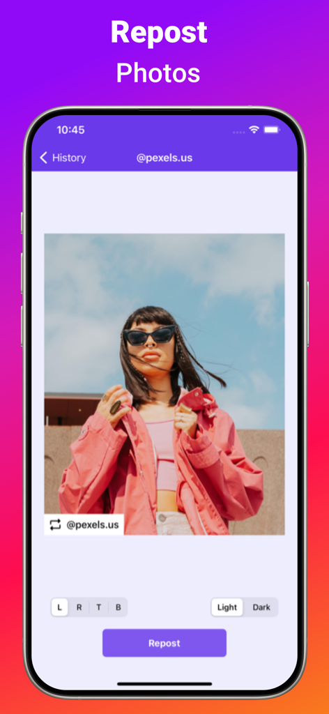 InstSave: Reels Story Repost - A mobile screen showing the InstSave app interface for reposting Instagram photos with custom attribution tags
