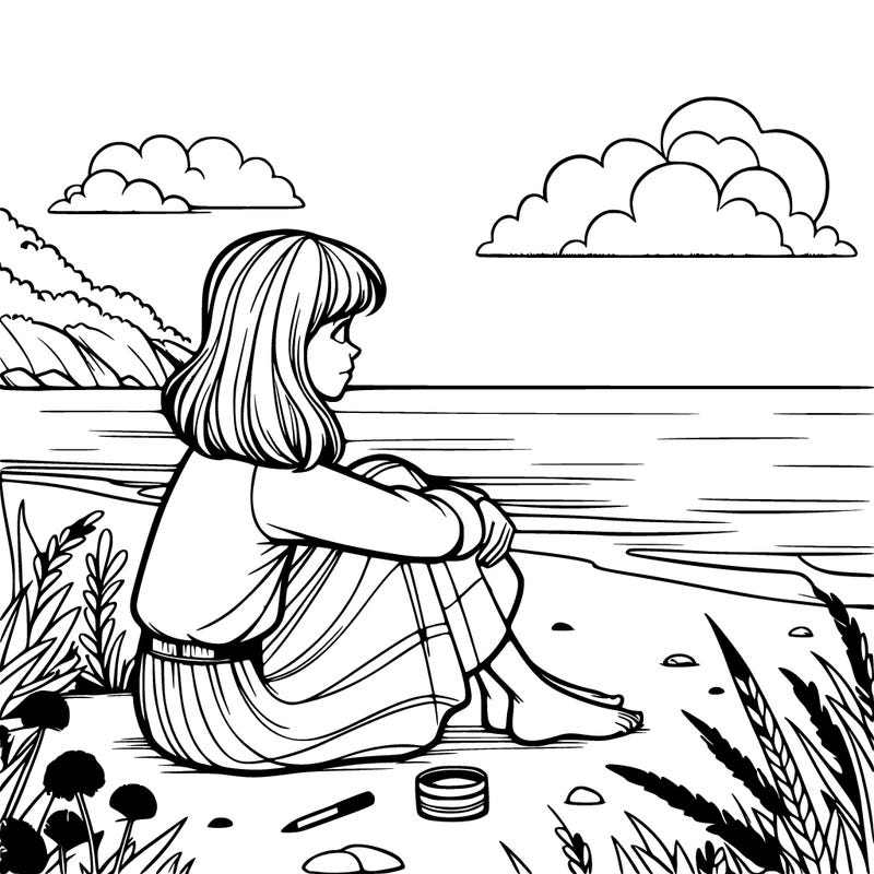 realistic girl sitting by a beach
