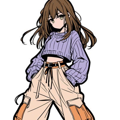 anime teen girl with baggy pants and crop top with sweater