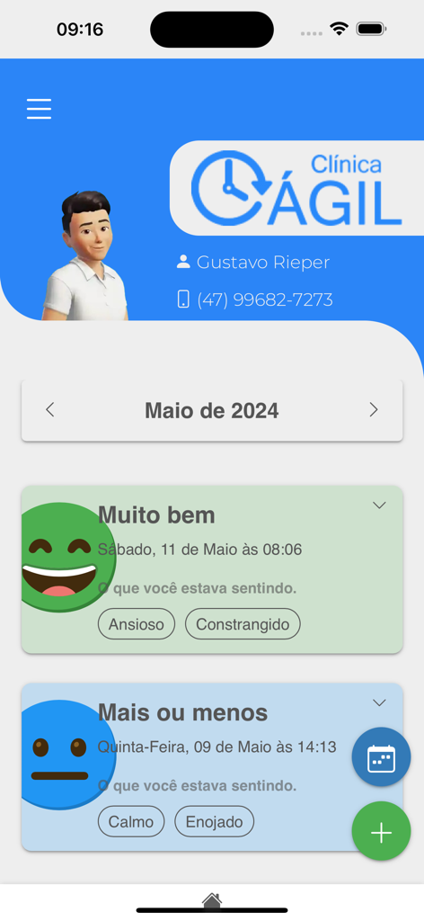 Clínica Ágil para pacientes - Interfaz de la aplicación del paciente Clínica Ágil que muestra los registros de seguimiento del estado de ánimo con emojis e información del perfil del usuario.