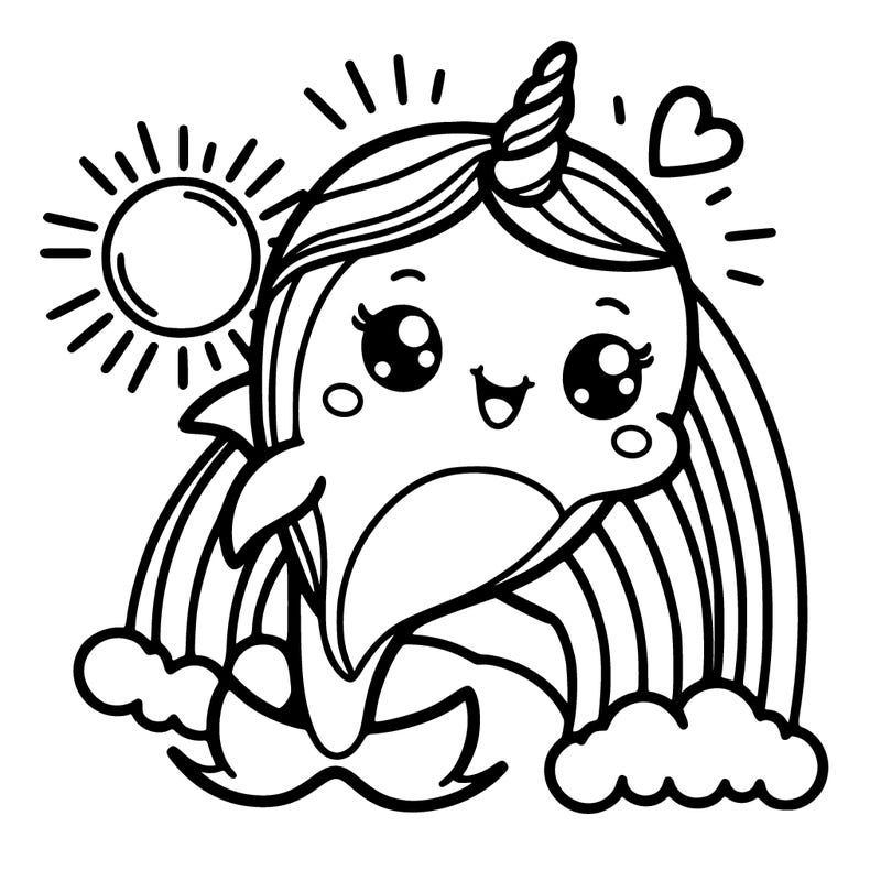 cute dolphin with a rainbow unicorn horn and rainbows behind it with the sun in the coner the dolphin is smileing it’s happy