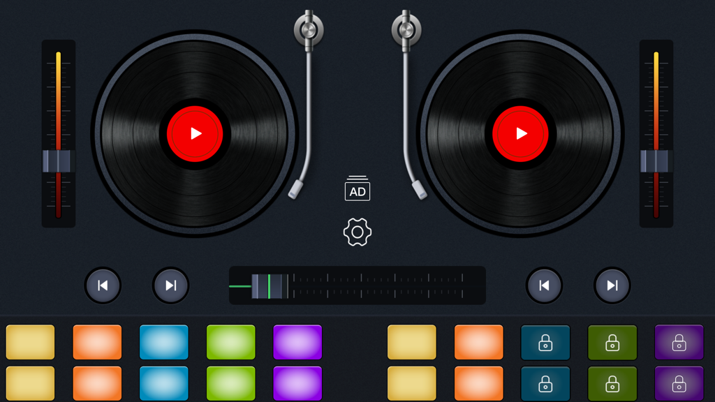 DJ打碟机-dj打碟必备音乐软件 - A digital DJ mixer interface featuring dual virtual turntables and colorful sound effect pads