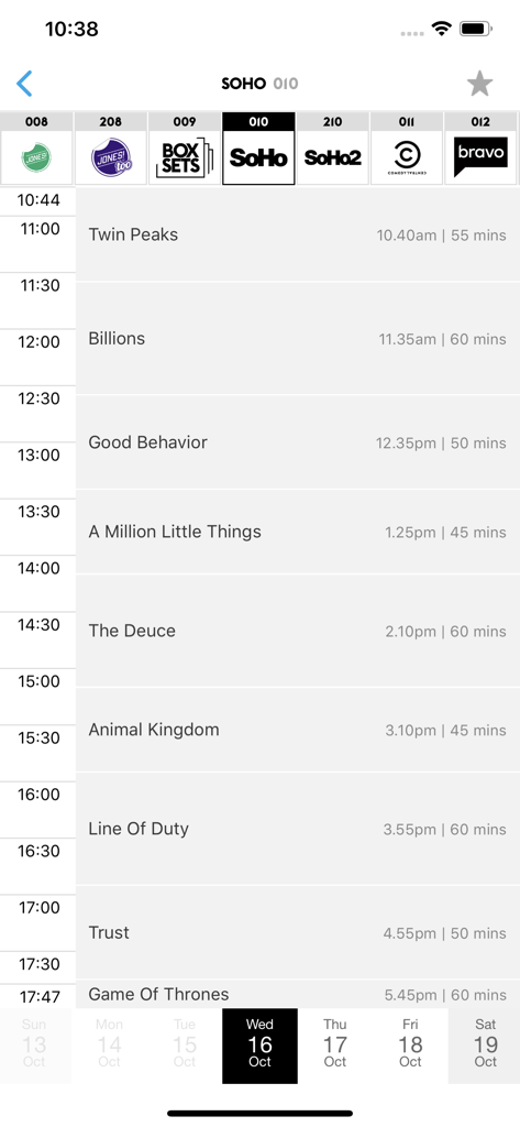 SKY TV GUIDE - La aplicación Sky TV Guide que muestra la programación del canal SoHo, incluyendo Billions y Game of Thrones