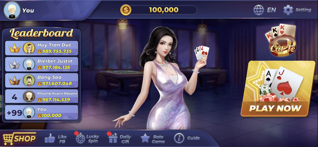 Main menu of the Catte Offline card game showing a leaderboard, a female character holding cards, and a play now button.