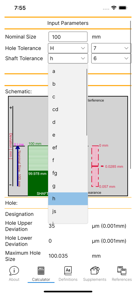 Mechanical engineering calculator showing ISO tolerance input parameters and a schematic diagram for hole and shaft fits