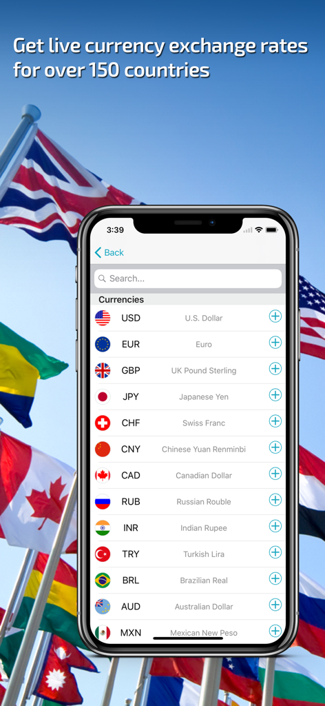 iPhone displaying a list of world currencies and flags within the Currency Converter app