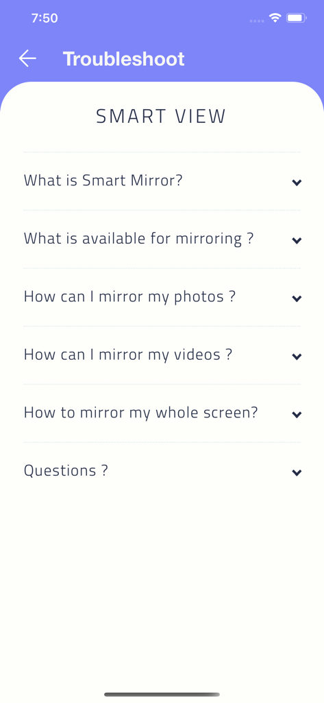 一般的なヘルプトピックが表示された、画面ミラーリング - スマートビュー アプリのトラブルシューティングとFAQ画面