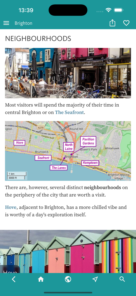 Bildschirm der Brighton Travel Guide App, der eine Karte lokaler Viertel und bunter Strandhütten anzeigt.