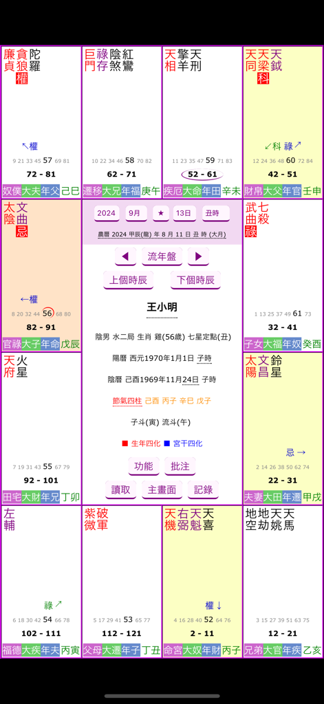 紫微四化飛星 - Professionelle Zi Wei Dou Shu-Karte mit 12 Palästen, Flussstern-Transformationen und metaphysischen Daten auf einer mobilen App-Oberfläche