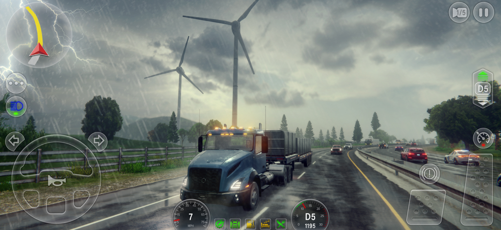 A blue semi truck driving on a highway during a rainy storm with lightning and wind turbines in the background