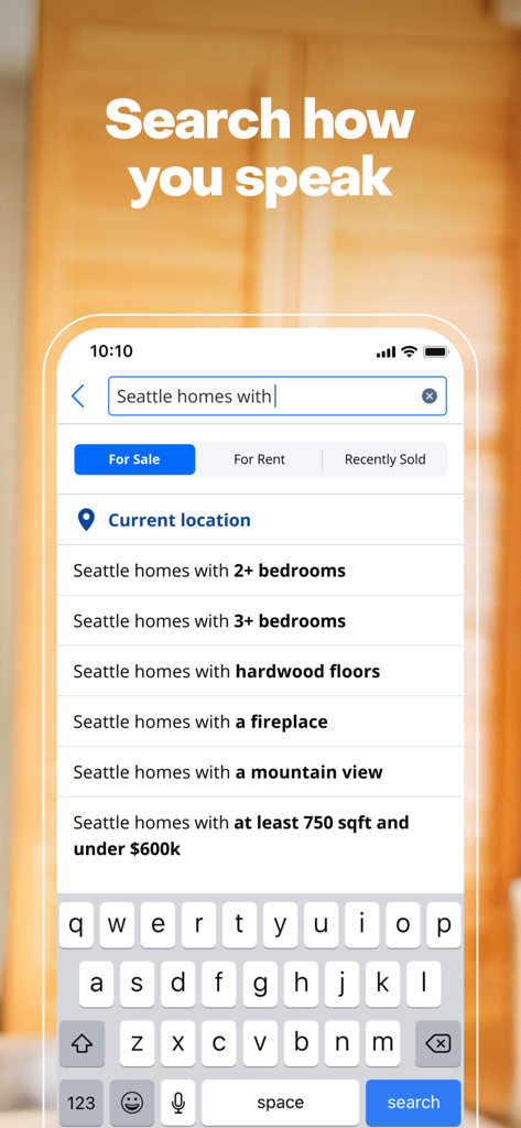 Zillow app interface showing natural language search suggestions for real estate listings