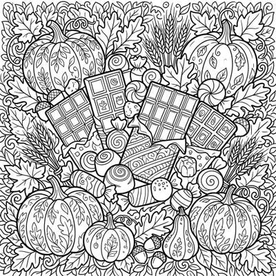 Dive into the delightful fusion of fall and confections with this charming coloring page. It features an abundant display of festive pumpkins, crunchy leaves, and an assortment of irresistible chocolates and candies, ready for your creative touch.
