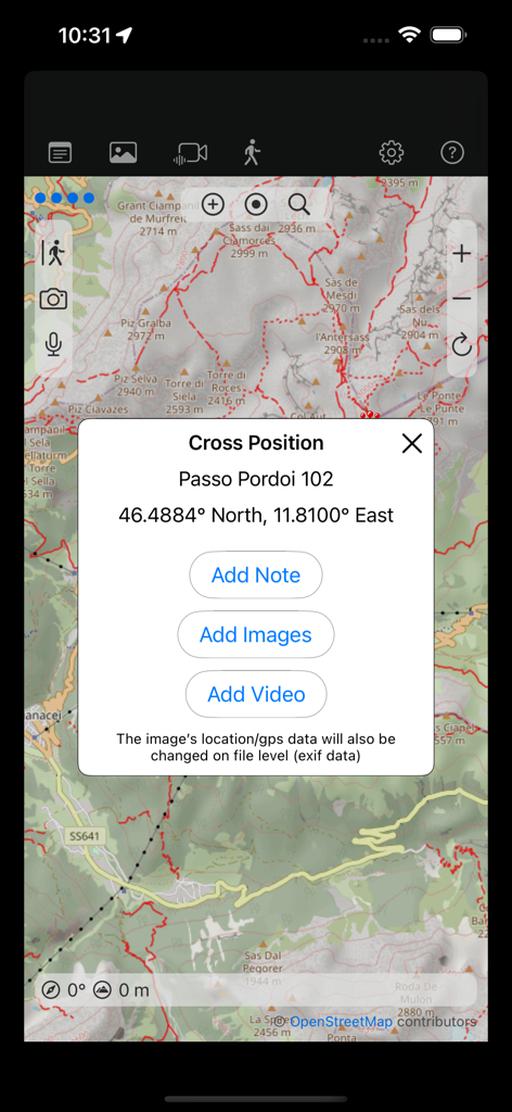 OSM Maps - Interface of OSM Maps app showing options to add notes images and videos to a specific location on a topographical map