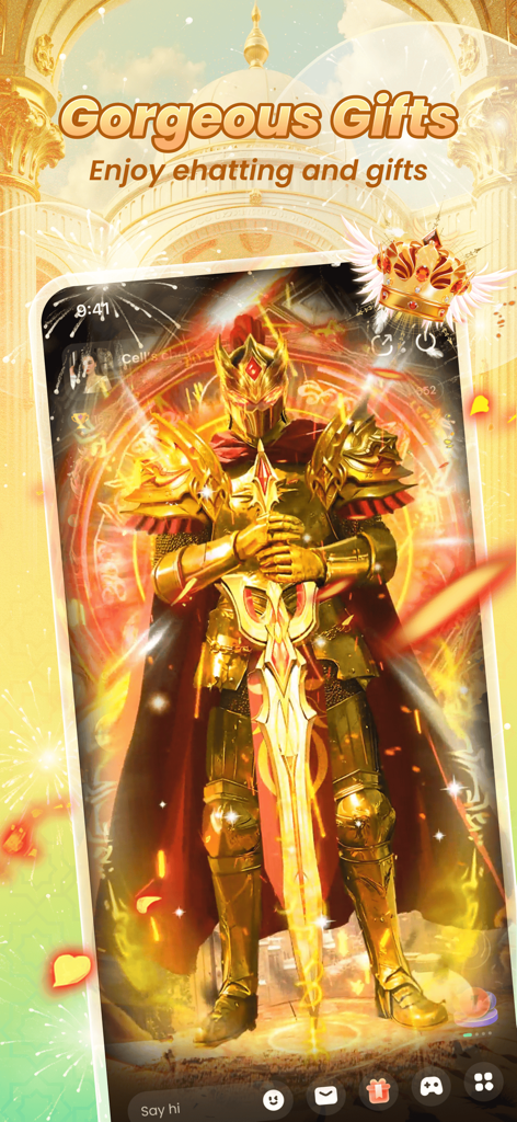 HoKi-Linking Happiness - Écran de l'application HoKi montrant un personnage de chevalier doré avec le texte Cadeaux Magnifiques
