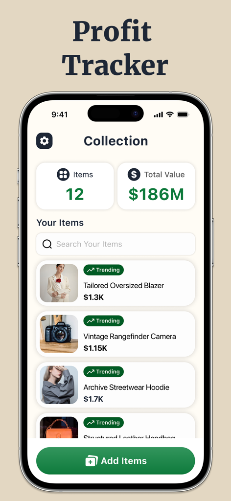 Thrift AI Profit Identifier - Mobile screen showing the Profit Tracker collection with a list of trending thrift items and their values