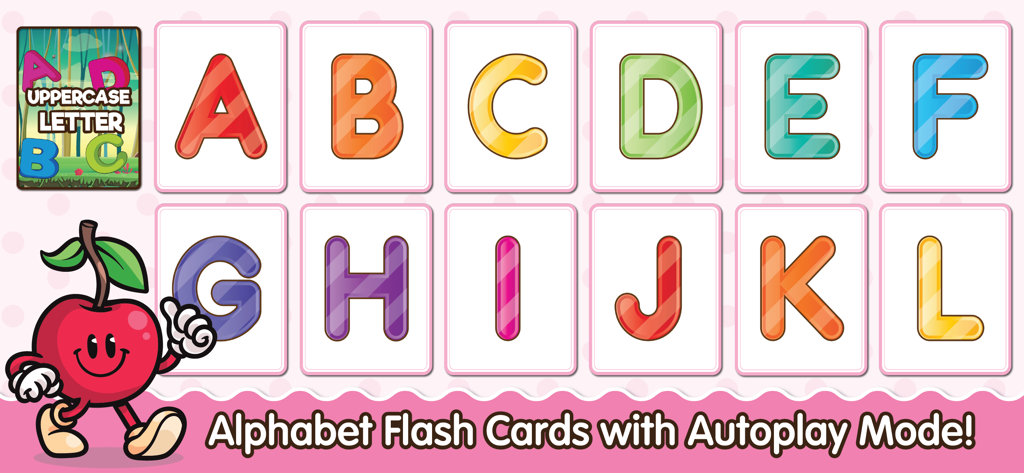 ABC Alphabet Flash Cards Games - Colorful uppercase alphabet flash cards from A to L featuring an autoplay mode for kids