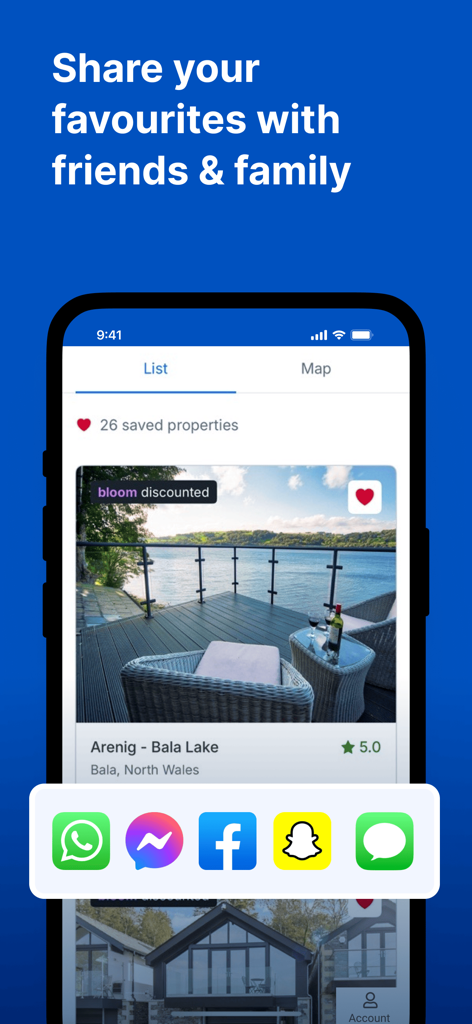 Sykes: Book Holidays You Love - Sykes app interface showing a list of saved properties and social media sharing options